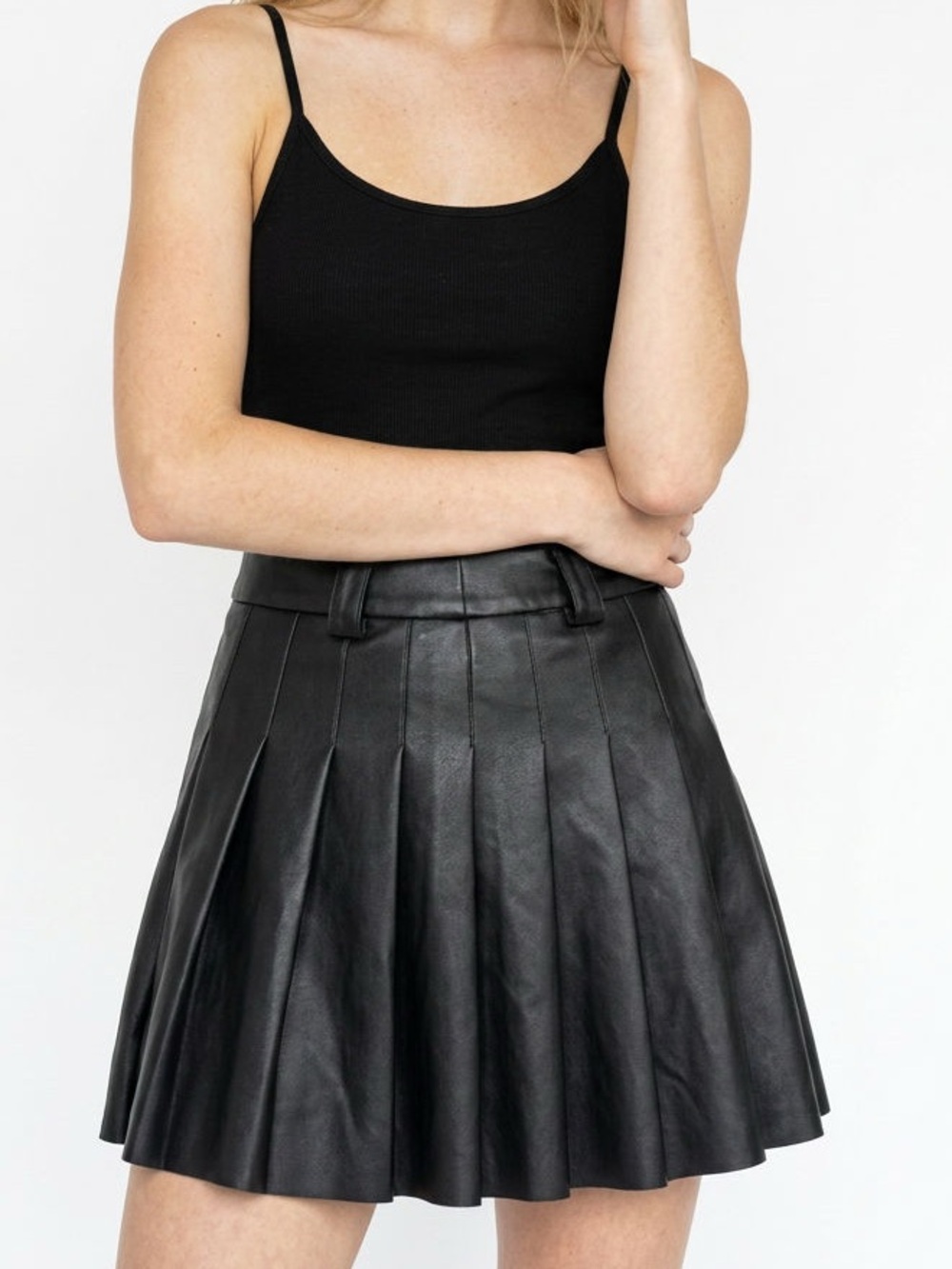 stradivarius Black Faux Leather Pleated Midi Skirt